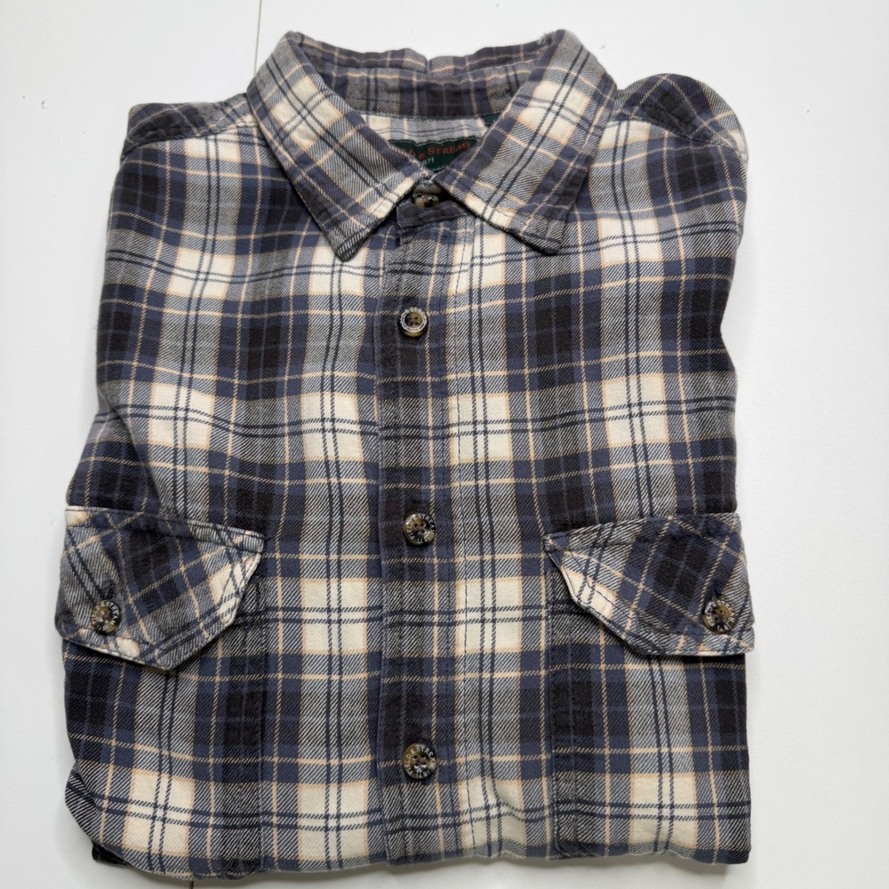 Field & Stream Mens 100% Cotton Shirt Large Blue Tan Plaid Flannel Button Down